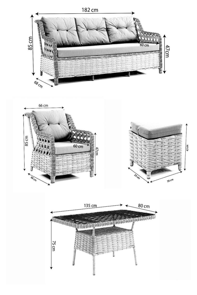 EVDEMO Eren Rattan Puflu Bahçe Balkon Takımı 3+1+1 Gri