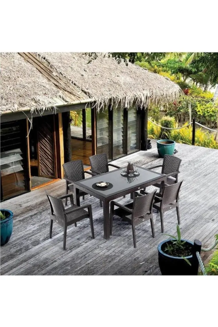 Nar Sokağı Rattan Kahve Masa Takımı 90*150 Camlı Masa 6 Adet Zeugma Rattan Koltuk