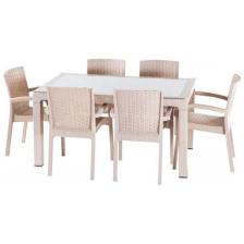 Violet Rattan Masa Takımı 80x140 Camlı Masa 6 Kişilik Rttan Sandalye Seti Bahçe Balkon Teras Takımı