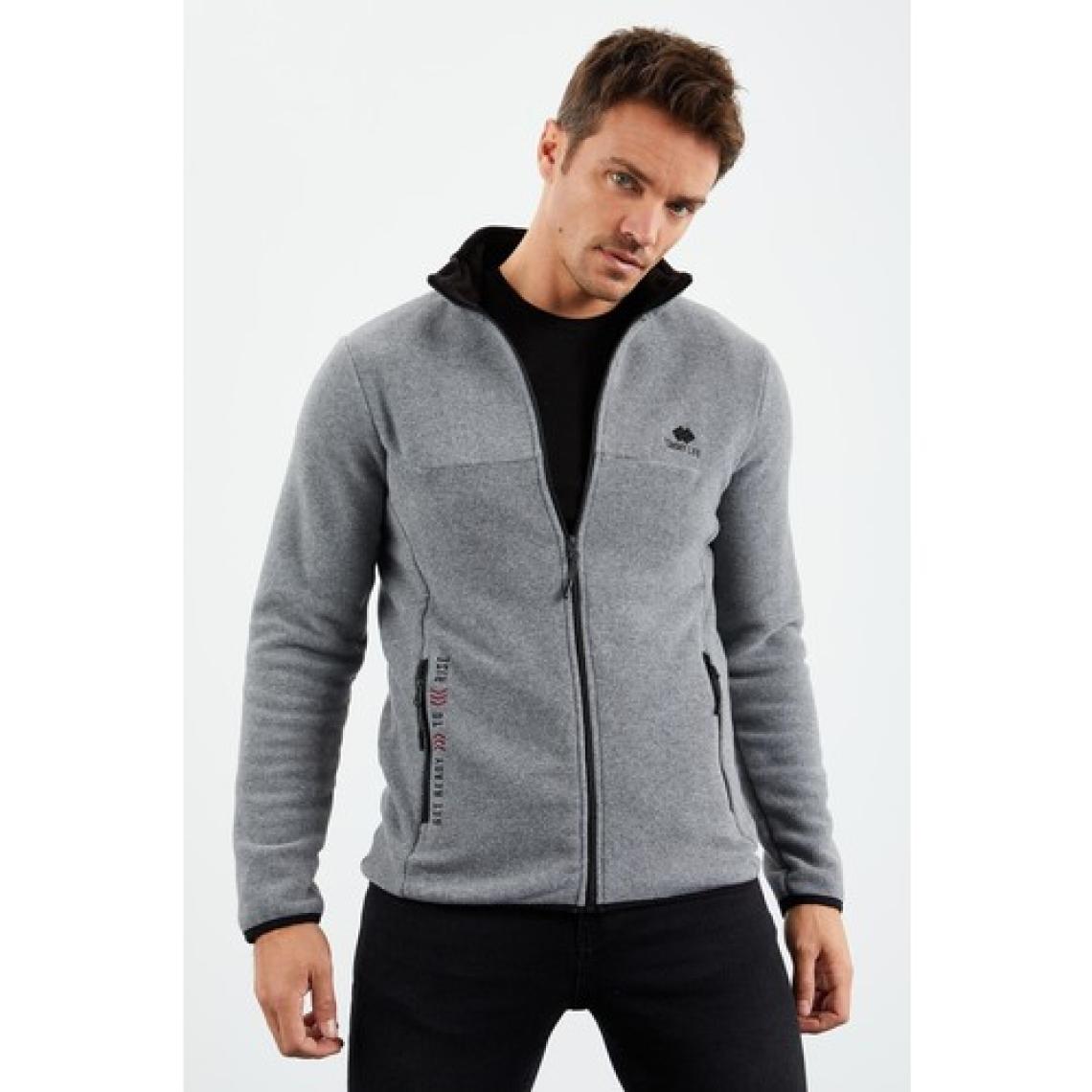 Tommy Life Tommy Life   Gri Melanj Erkek Yazı Nakışlı Dik Yaka Fermuarlı Standart Kalıp Sweatshirt Polar - 87992