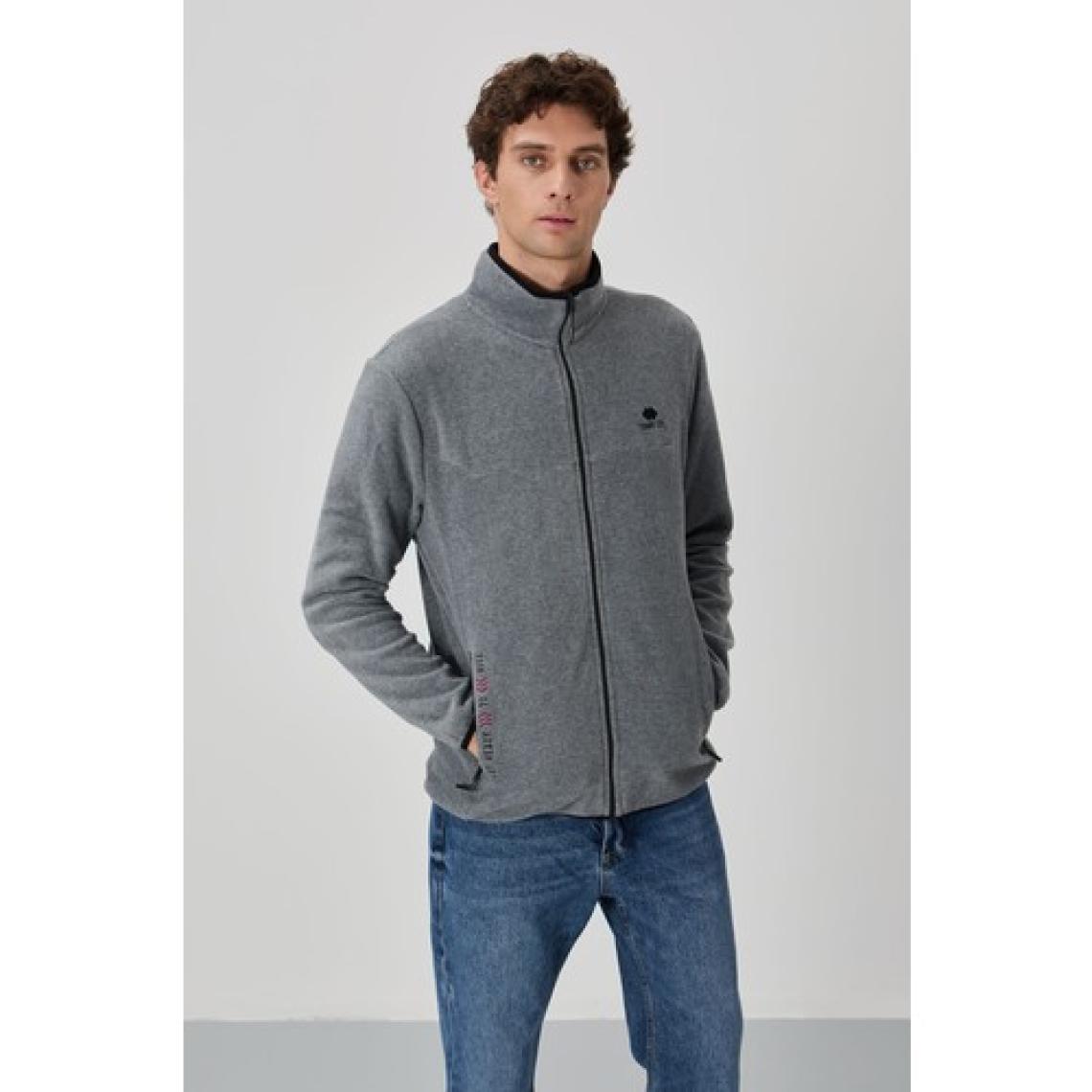 Tommy Life Gri Melanj Yazı Nakışlı Dik Yaka Fermuarlı Standart Kalıp Erkek Sweatshirt Polar - 87992