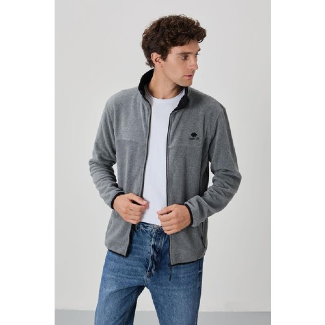 Tommy Life Gri Melanj Yazı Nakışlı Dik Yaka Fermuarlı Standart Kalıp Erkek Sweatshirt Polar - 87992