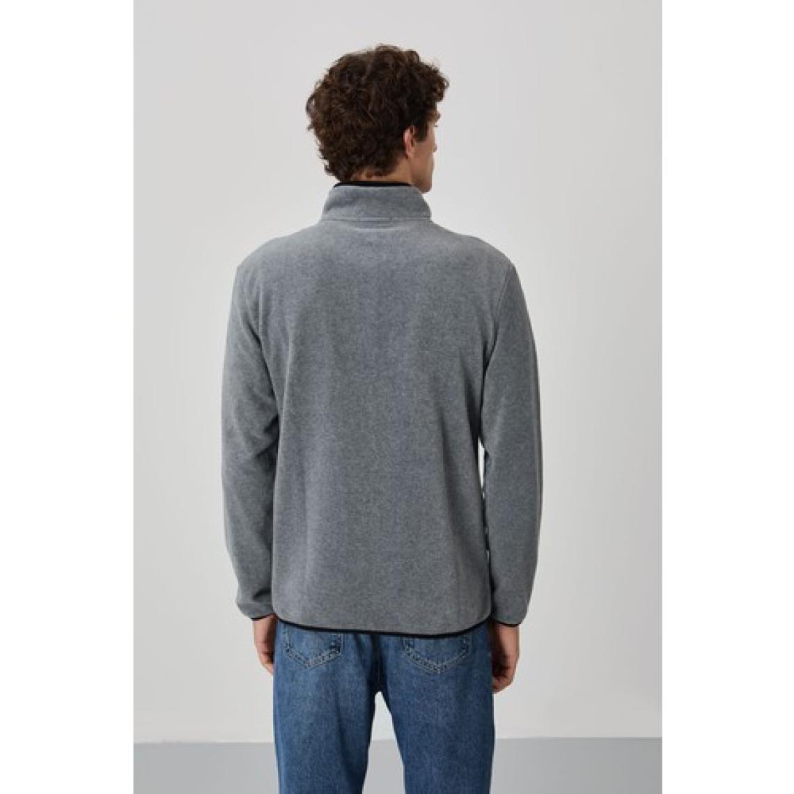 Tommy Life Gri Melanj Yazı Nakışlı Dik Yaka Fermuarlı Standart Kalıp Erkek Sweatshirt Polar - 87992