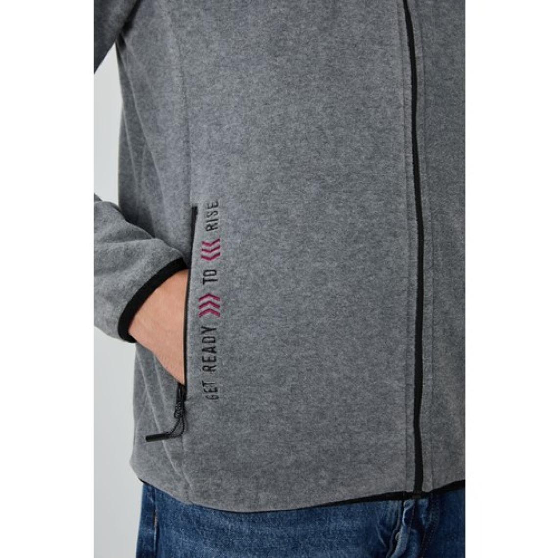 Tommy Life Gri Melanj Yazı Nakışlı Dik Yaka Fermuarlı Standart Kalıp Erkek Sweatshirt Polar - 87992