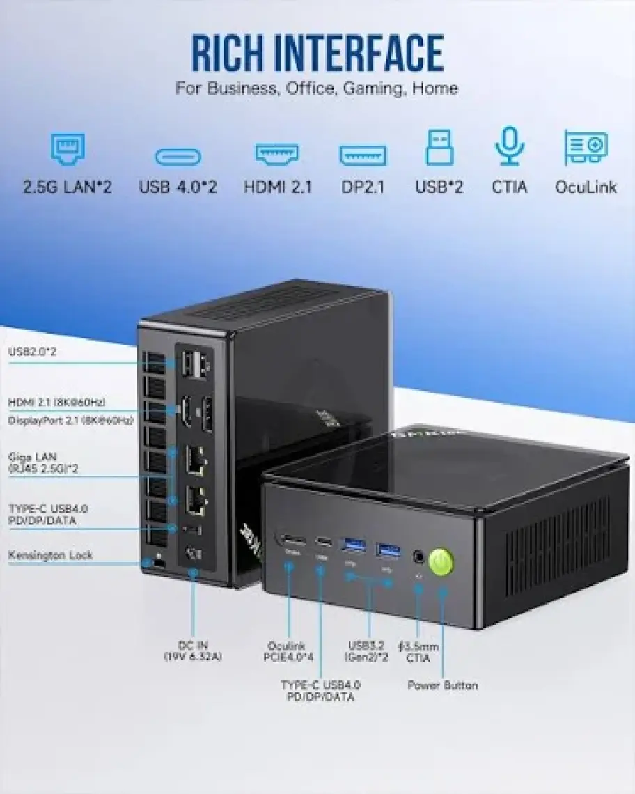 K8 PLUS AMD 8845HS İşlemci, 32GB DDR5 5600Mhz RAM, 1TB SSD, Oculink ve Thunderbolt 4, 2x2.5G Win 11 PRO Mini PC