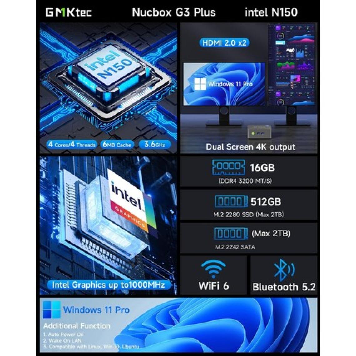 G3 PLUS Intel N150 İşlemci, 16GB RAM, 512GB NVMe SSD, 2xHDMI, 2.5 Gigabit Ethernet Win 11 PRO Mini PC