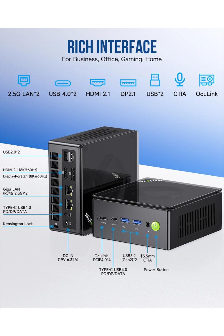 K8 PLUS AMD 8845HS İşlemci, 32GB DDR5 5600Mhz RAM, 1TB SSD, Oculink ve Thunderbolt 4, 2x2.5G Win 11 PRO Mini PC