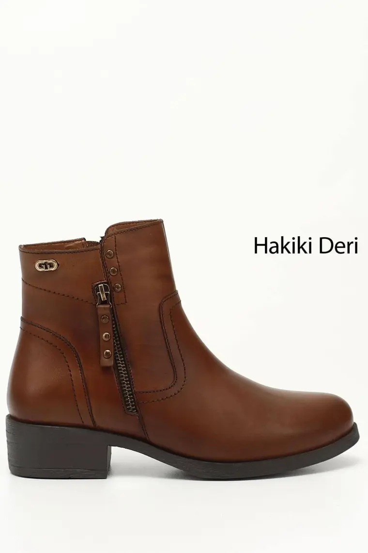 Gön Hakiki Deri Yuvarlak Burun Topuklu Fermuarlı Püsküllü Kadın Günlük Bot 47440