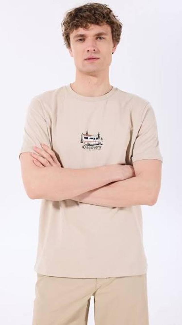 Discovery Expedition Bej Erkek Bisiklet Yaka Relaxed Baskılı T-Shirt D4SM-TST3258