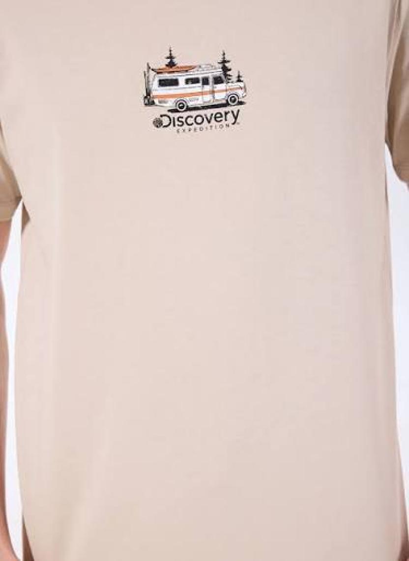 Discovery Expedition Bej Erkek Bisiklet Yaka Relaxed Baskılı T-Shirt D4SM-TST3258