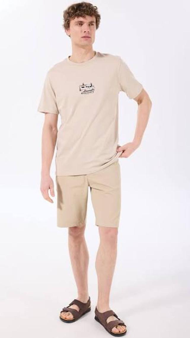Discovery Expedition Bej Erkek Bisiklet Yaka Relaxed Baskılı T-Shirt D4SM-TST3258