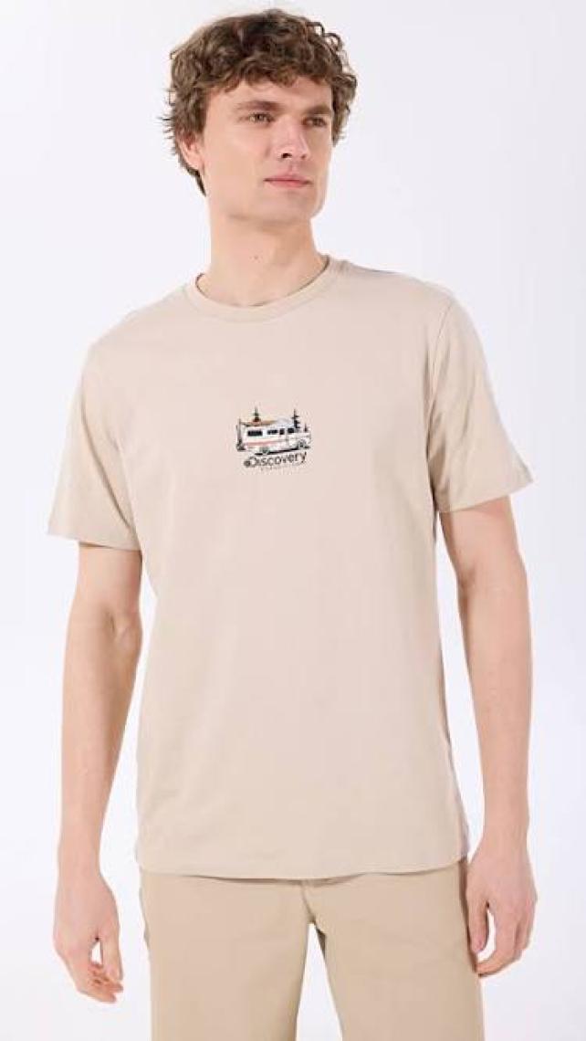 Discovery Expedition Bej Erkek Bisiklet Yaka Relaxed Baskılı T-Shirt D4SM-TST3258