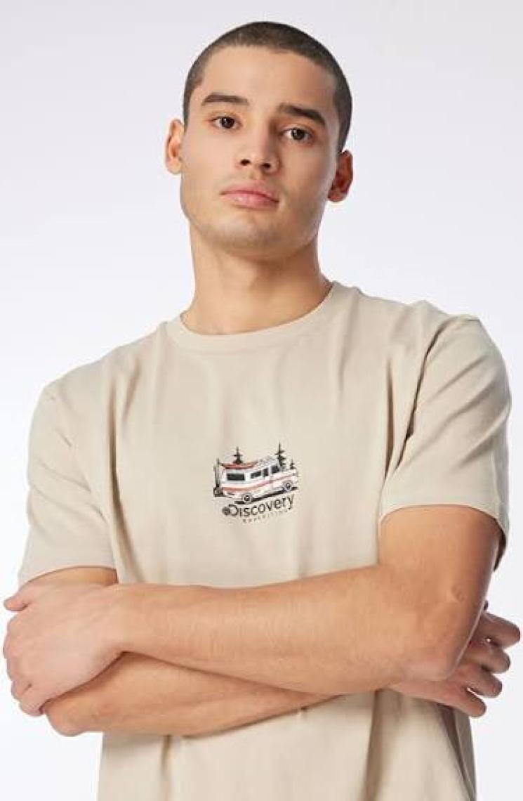Discovery Expedition Bej Erkek Bisiklet Yaka Relaxed Baskılı T-Shirt D4SM-TST3258