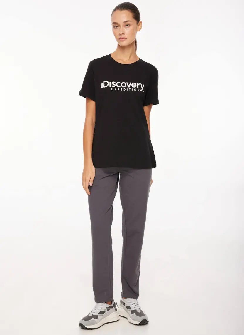 Discovery Expedition Siyah Kadın Bisiklet Yaka Baskılı T-Shirt D3WL-TST1