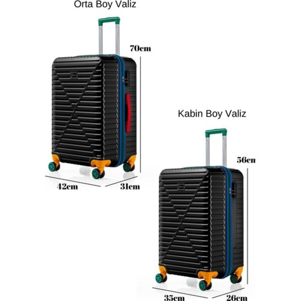 Orta Ve Kabin Boy 2'li Valiz Seti %100 Polikarbon Valiz 4x2 Teker Siyah 1088