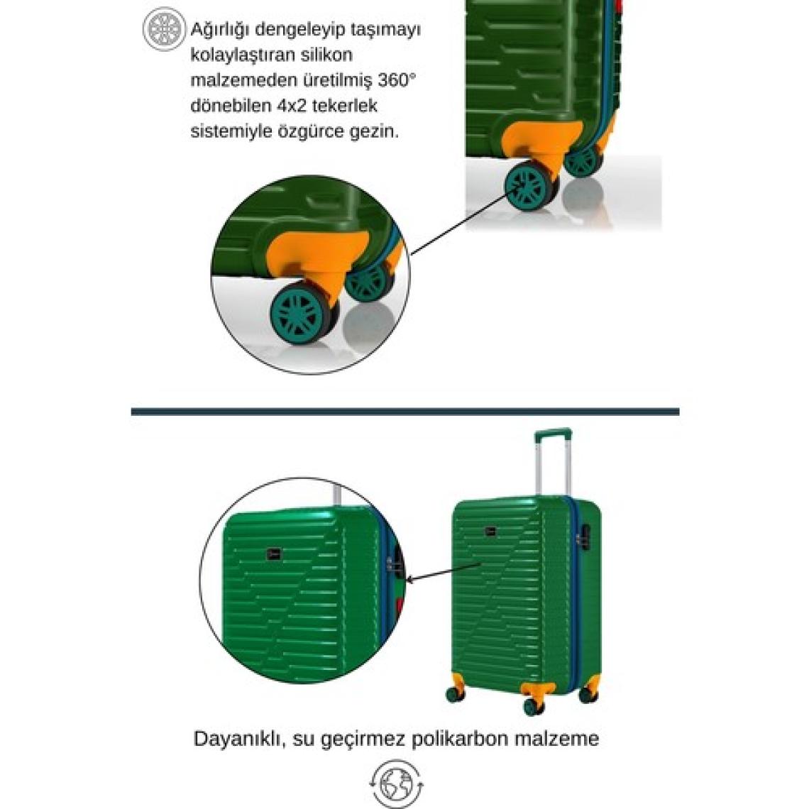 Orta Ve Kabin Boy 2'li Valiz Seti %100 Polikarbon Valiz 4x2 Teker Yeşil 1088