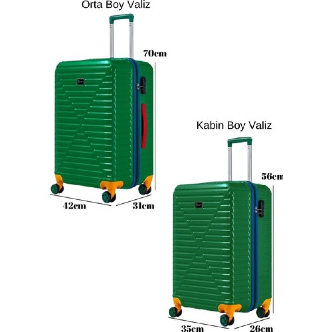 Orta Ve Kabin Boy 2'li Valiz Seti %100 Polikarbon Valiz 4x2 Teker Yeşil 1088