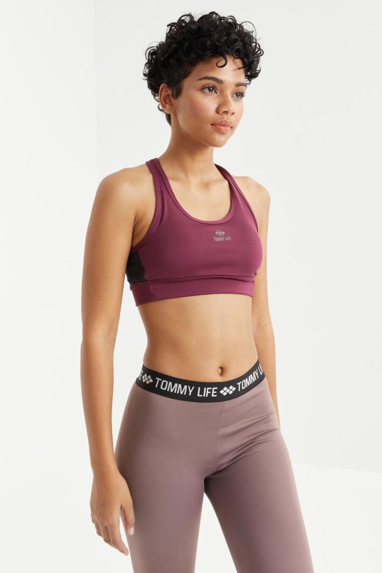 Bordo Çapraz Sırt Detaylı Slim Fit U Yaka Pedli Kadın Spor Büstiyer - 97121