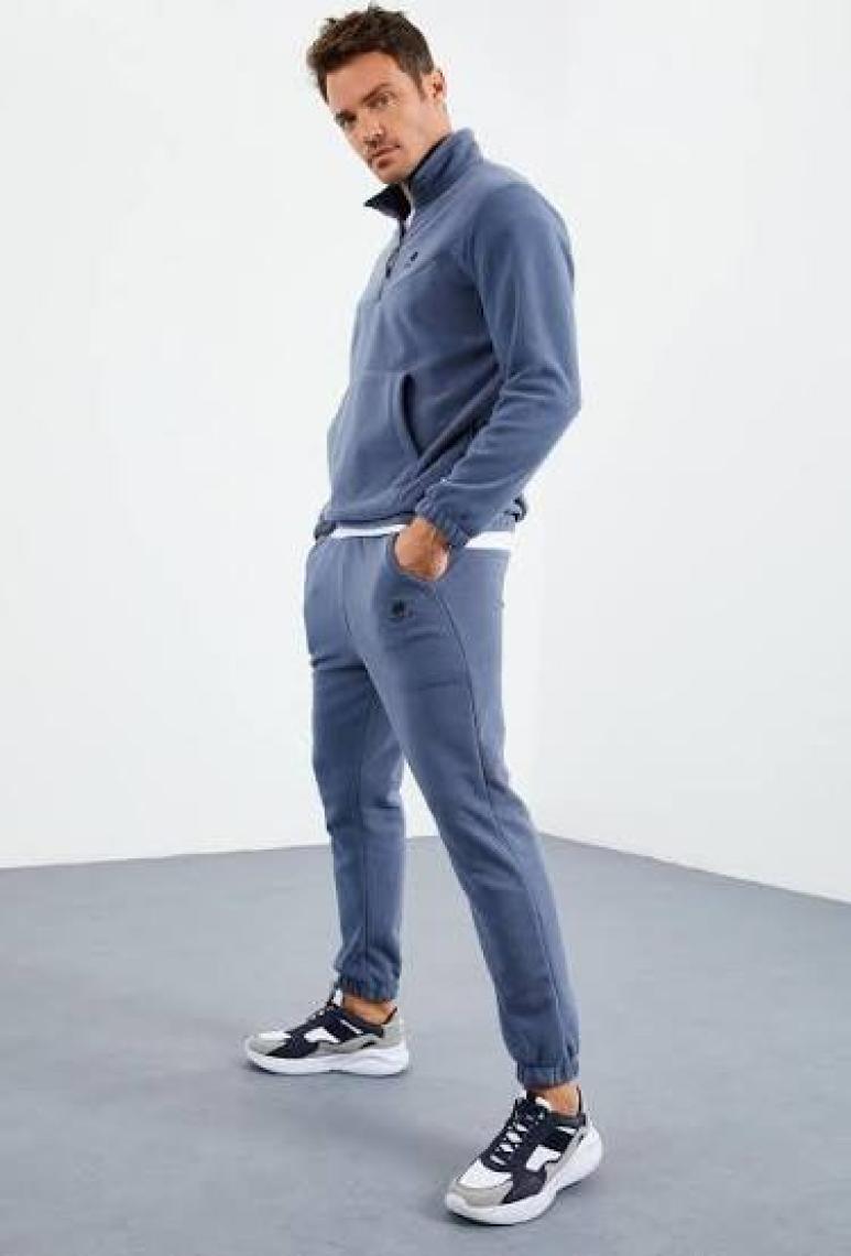 Tommy Life Petrol Yarım Fermuar Dik Yaka Lastik Paça Polar Erkek Eşofman Takımı - 85159