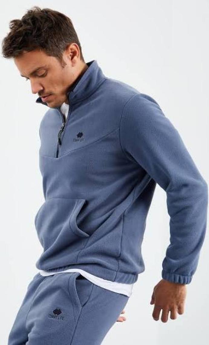 Tommy Life Petrol Yarım Fermuar Dik Yaka Lastik Paça Polar Erkek Eşofman Takımı - 85159
