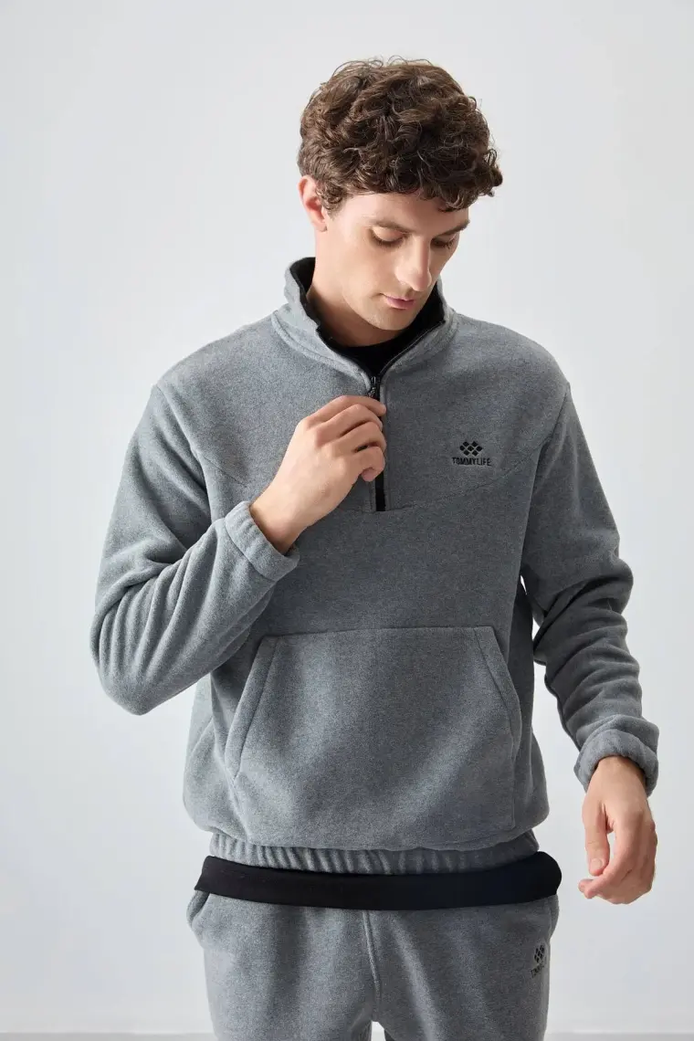 Tommy Life Tommy Life  Siyah Erkek Yarım Fermuar Dik Yaka Lastik Paça Polar Eşofman Takımı - 85159