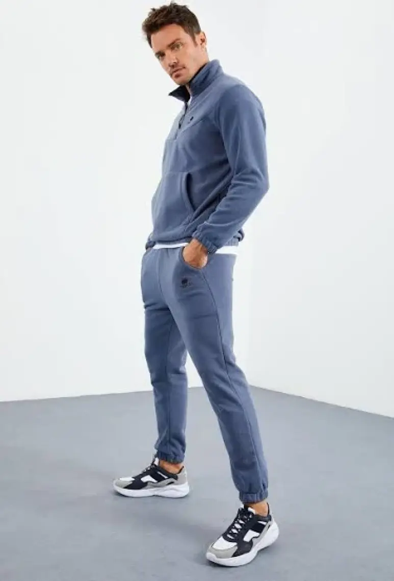 Tommy Life Petrol Yarım Fermuar Dik Yaka Lastik Paça Polar Erkek Eşofman Takımı - 85159