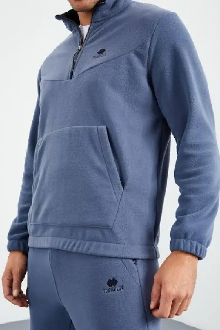 Tommy Life Petrol Yarım Fermuar Dik Yaka Lastik Paça Polar Erkek Eşofman Takımı - 85159