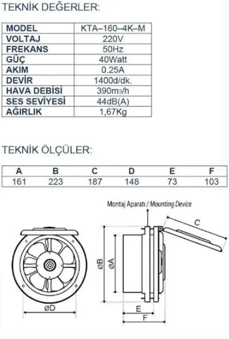 Ayas 16 cm çap KTA-160-4K-M 1400 D/D 220/230 volt Monofaze Kapaklı Tip Aspiratör