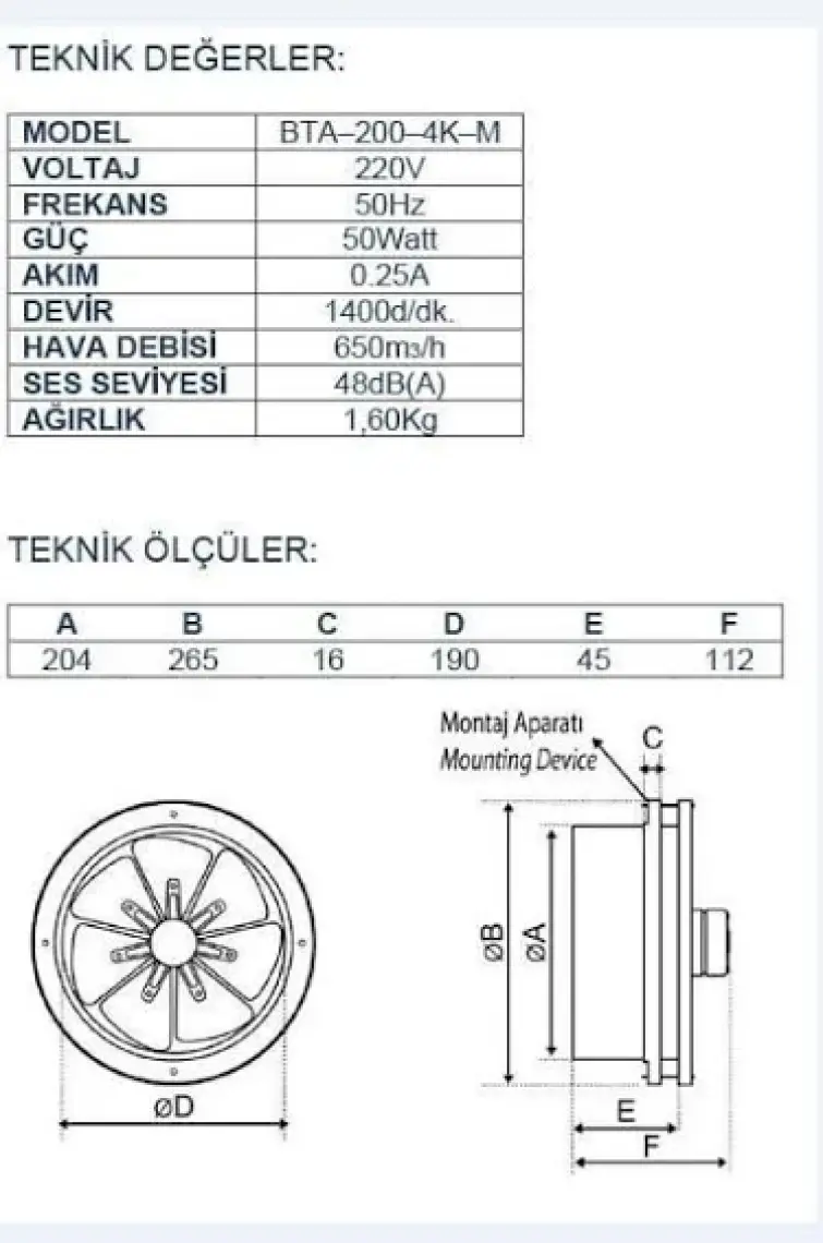 Ayas 20 cm çap BTA-200-4K-M 1400 D/D 220/230 volt Monofaze Baca Tipi Aspiratör
