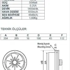 Ayas 20 cm çap BTA-200-4K-M 1400 D/D 220/230 volt Monofaze Baca Tipi Aspiratör