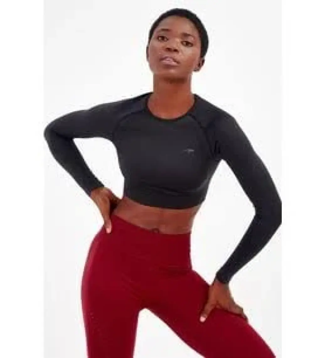 Maraton SlimFit Kadın Bisiklet Yaka  Uzun Kol Siyah Crop Top 816008