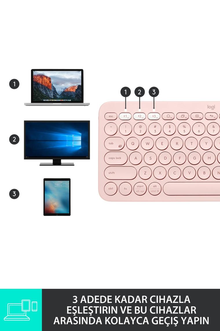 K380 Kompakt Kablosuz Bluetooth Türkçe Q Klavye - Pembe