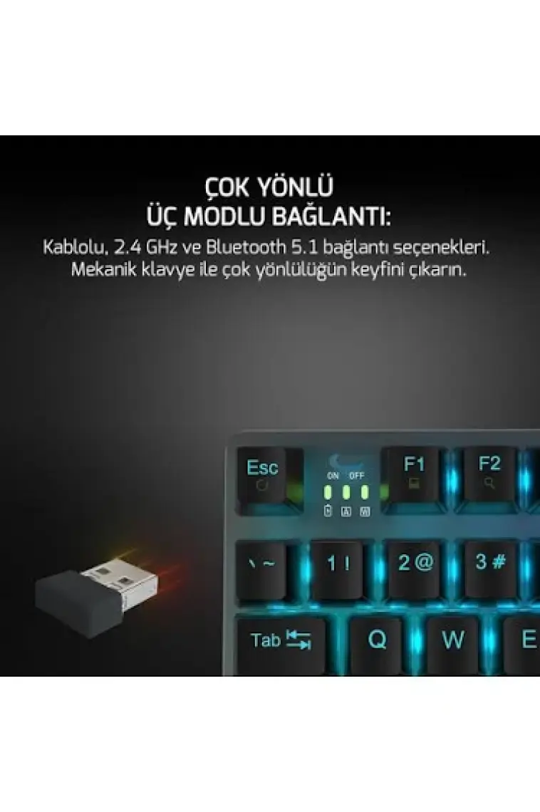 Gamepower Eva 7 60M Mekanik Kablolu, 2.4ghz, Bluetooth 3 Mod Red Switch Türkçe Q 88 Tuş USB Rgb Gaming Klavye - 3 Yıl Garantili