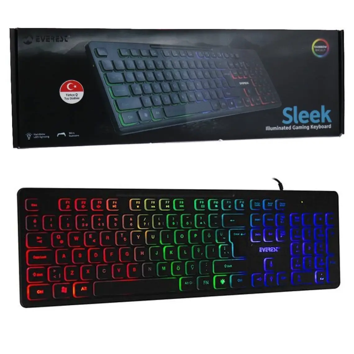 Everest KB-120 Sleek Siyah USB Gökkuşağı Aydınlatmalı Q Gaming Oyuncu Klavyesi