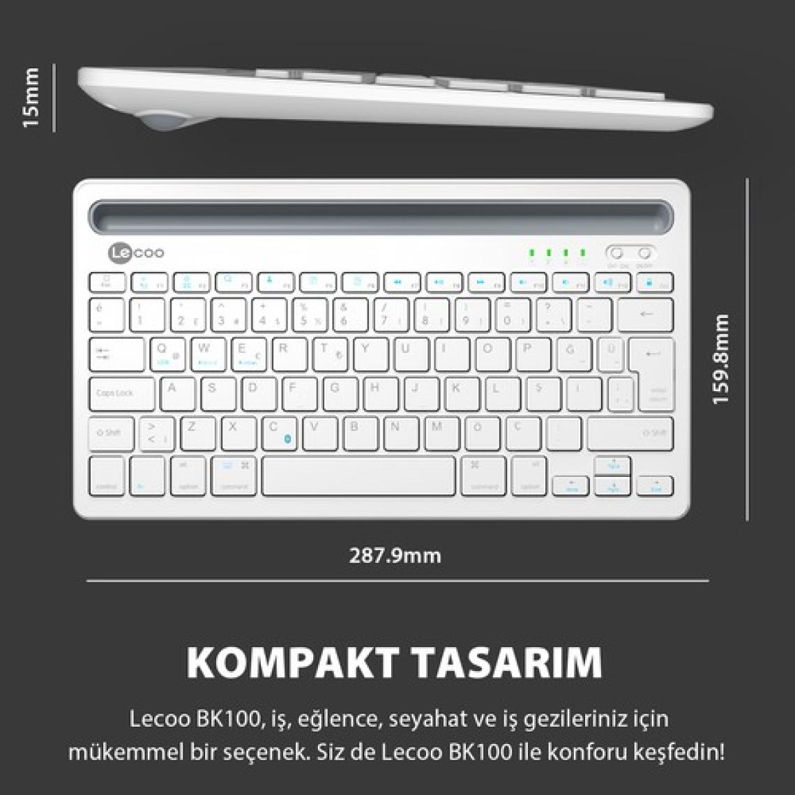 Lecoo BK100 Çoklu Cihaz ile Uyumlu Şarj Edilebilir Kablosuz Bluetooth Türkçe Q Klavye Beyaz