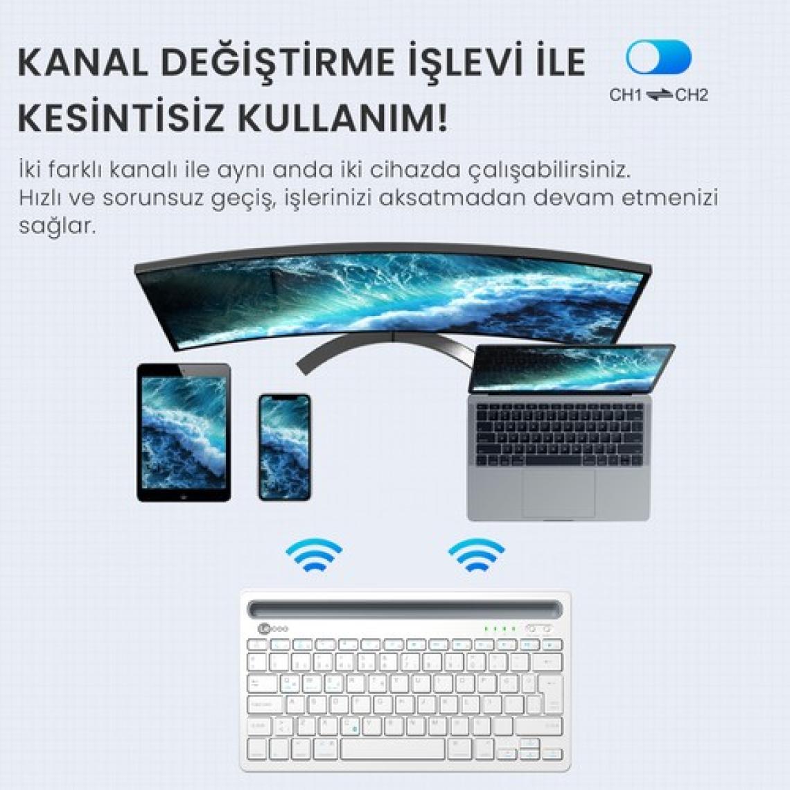 Lecoo BK100 Çoklu Cihaz ile Uyumlu Şarj Edilebilir Kablosuz Bluetooth Türkçe Q Klavye Beyaz