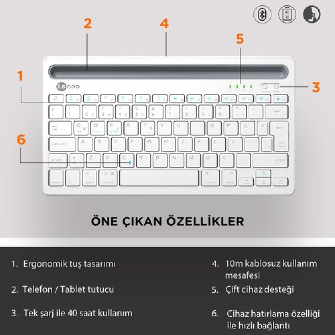 Lecoo BK100 Çoklu Cihaz ile Uyumlu Şarj Edilebilir Kablosuz Bluetooth Türkçe Q Klavye Beyaz