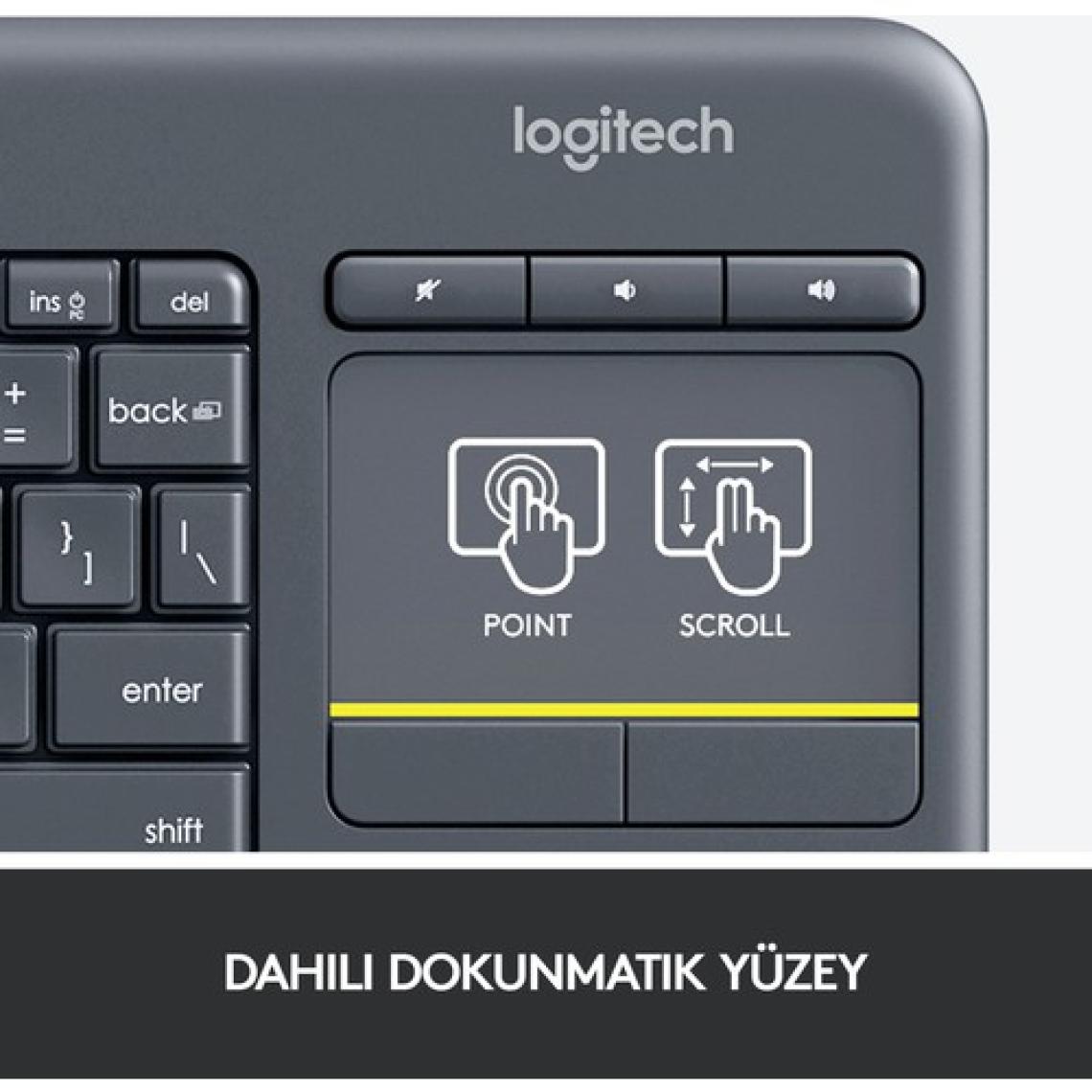 Logitech K400 Plus Dokunmatik Yüzeyli USB Bağlantılı Türkçe Q TV Klavyesi - Siyah