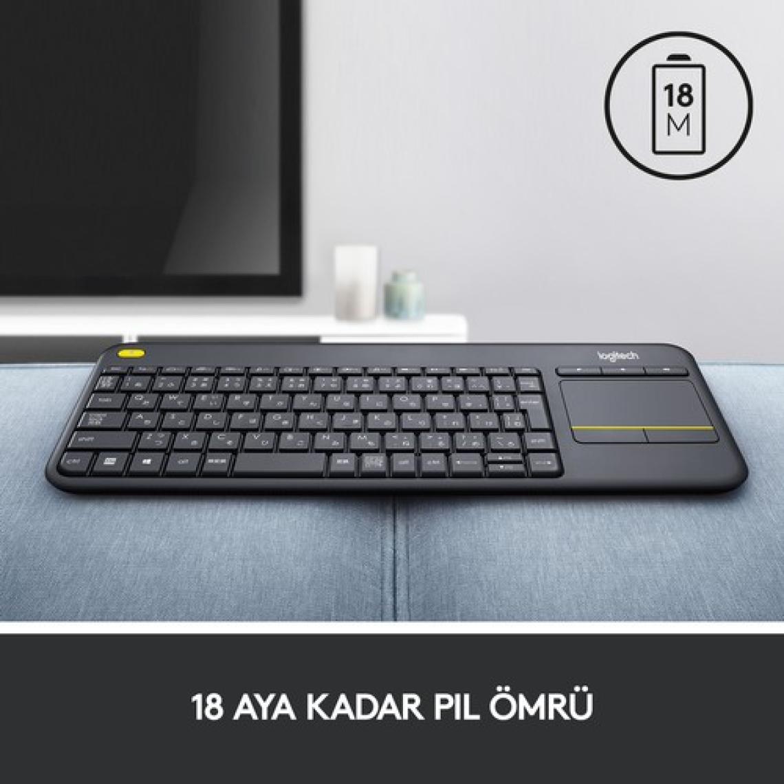 Logitech K400 Plus Dokunmatik Yüzeyli USB Bağlantılı Türkçe Q TV Klavyesi - Siyah