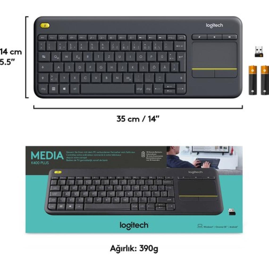 Logitech K400 Plus Dokunmatik Yüzeyli USB Bağlantılı Türkçe Q TV Klavyesi - Siyah