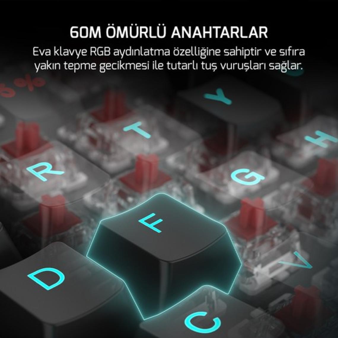 GamePower Eva 7 60M Mekanik Kablolu, 2.4Ghz, Bluetooth 3 Mod Blue Switch Türkçe Q 88 Tuş USB RGB Gaming Klavye - 3 Yıl Garantili