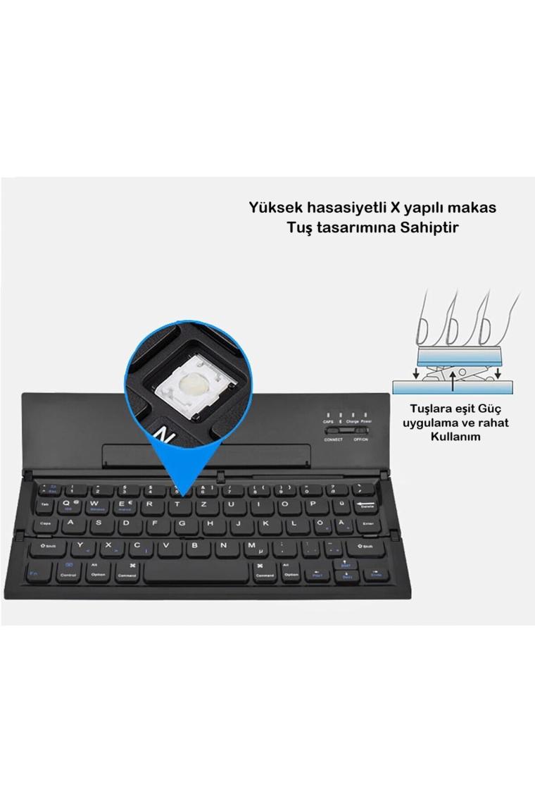 Duhaline Bluetooth Klavye Kablosuz Mini Şarjlı Telefon Tablet Için Klavye Kendinden Standlı Katlanır Taşınır