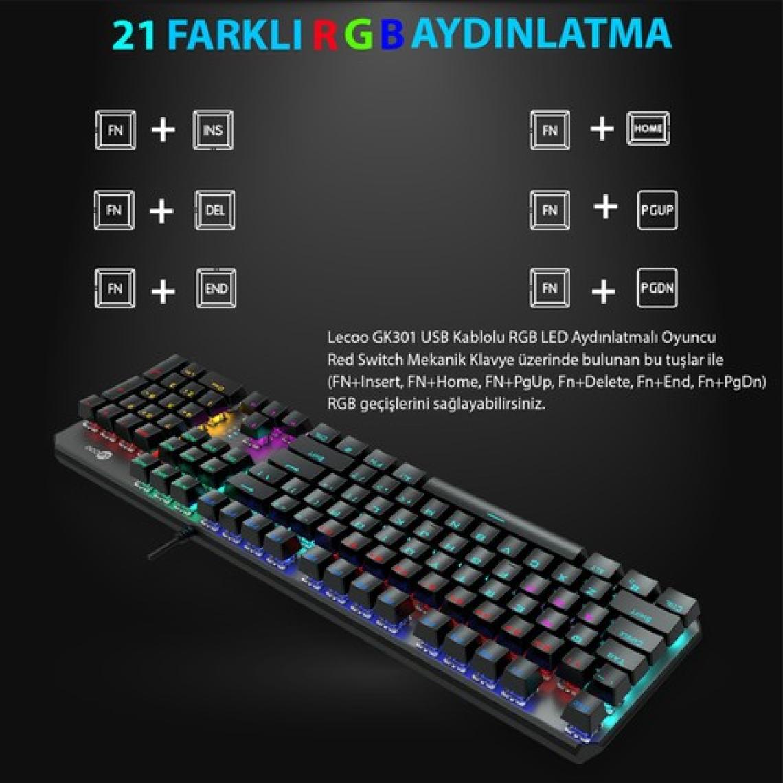 Lenovo Lecoo GK301 Makro Tuşlu USB Kablolu RGB LED Aydınlatmalı Red Switch Gaming Mekanik Türkçe Q Klavye Metalik Gri