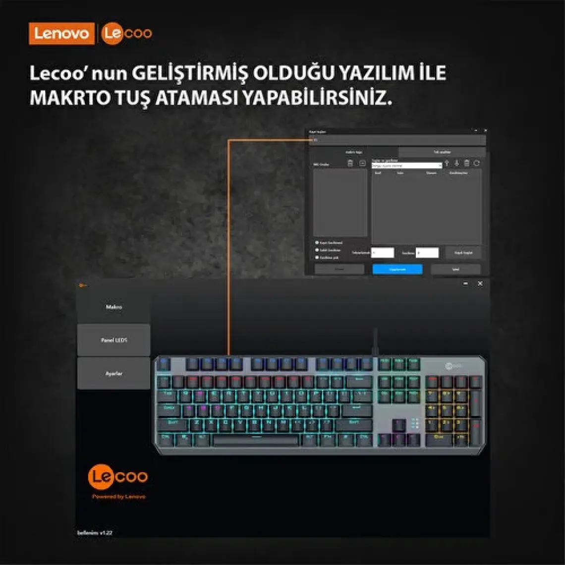 Lenovo Lecoo GK301 Makro Tuşlu USB Kablolu RGB LED Aydınlatmalı Red Switch Gaming Mekanik Türkçe Q Klavye Metalik Gri