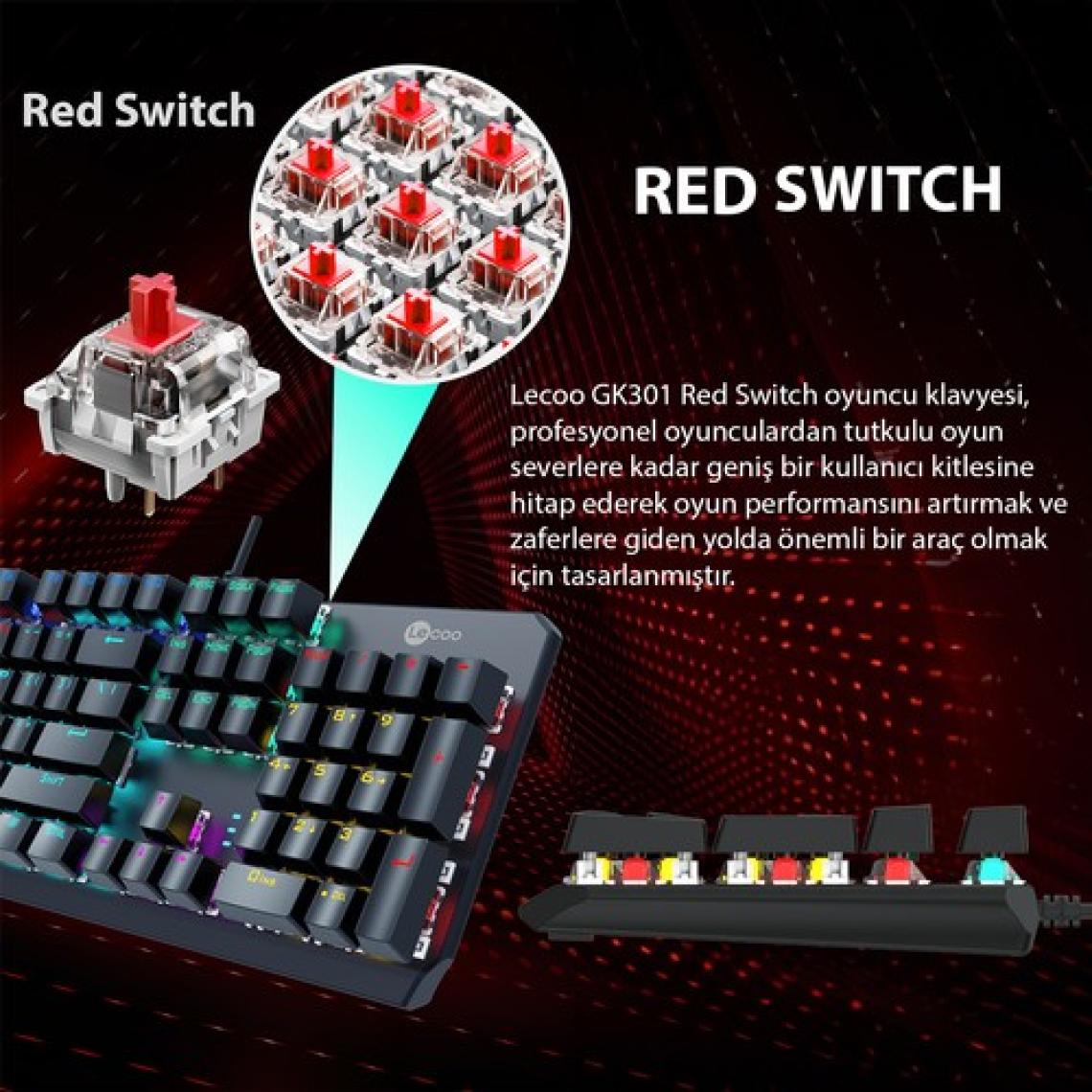 Lenovo Lecoo GK301 Makro Tuşlu USB Kablolu RGB LED Aydınlatmalı Red Switch Gaming Mekanik Türkçe Q Klavye Metalik Gri