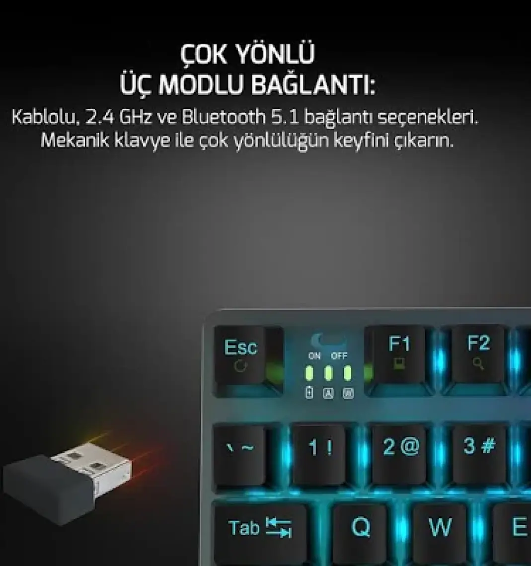 GamePower Eva 7 60M Mekanik Kablolu, 2.4Ghz, Bluetooth 3 Mod Blue Switch Türkçe Q 88 Tuş USB RGB Gaming Klavye - 3 Yıl Garantili