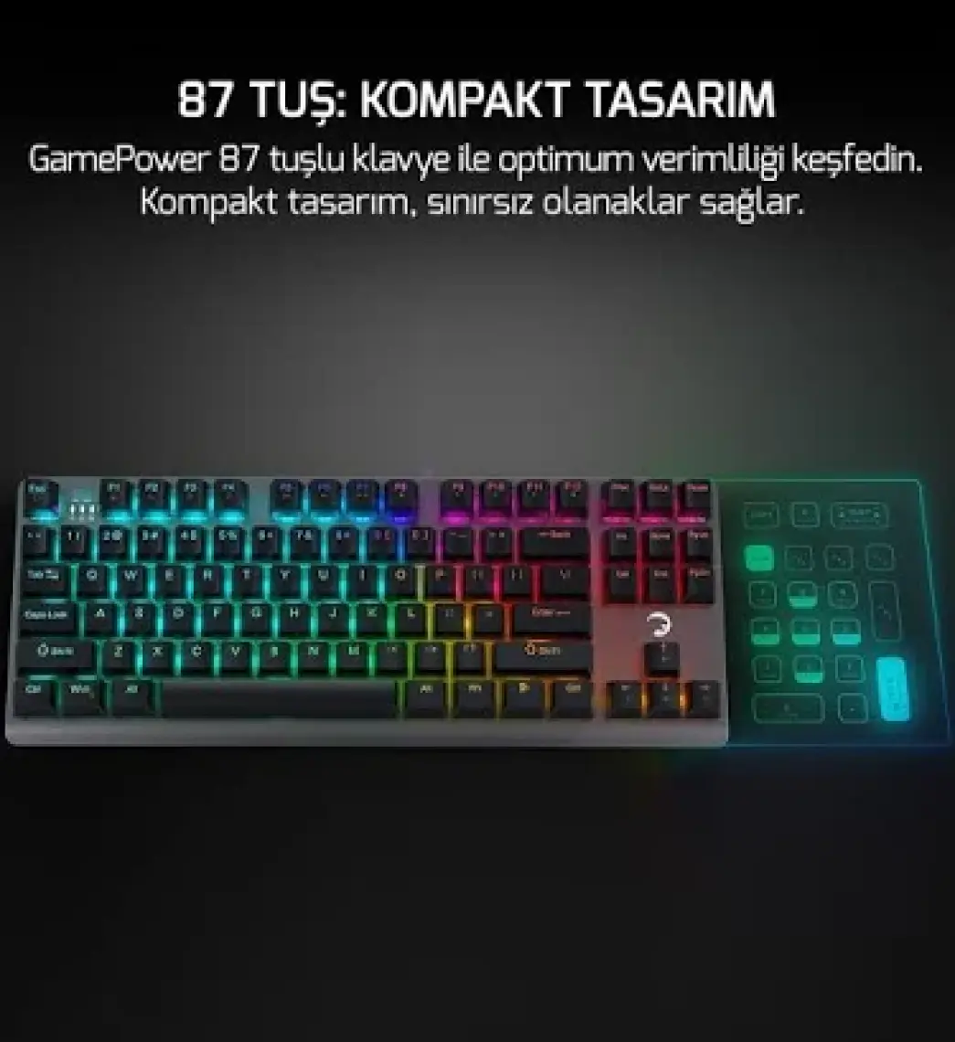 GamePower Eva 7 60M Mekanik Kablolu, 2.4Ghz, Bluetooth 3 Mod Blue Switch Türkçe Q 88 Tuş USB RGB Gaming Klavye - 3 Yıl Garantili