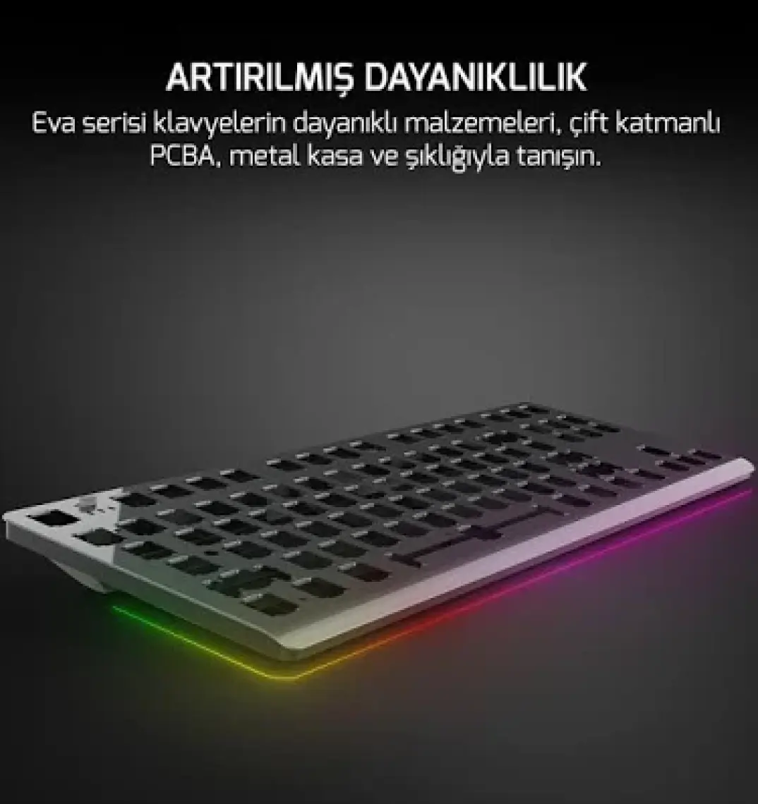 GamePower Eva 7 60M Mekanik Kablolu, 2.4Ghz, Bluetooth 3 Mod Blue Switch Türkçe Q 88 Tuş USB RGB Gaming Klavye - 3 Yıl Garantili