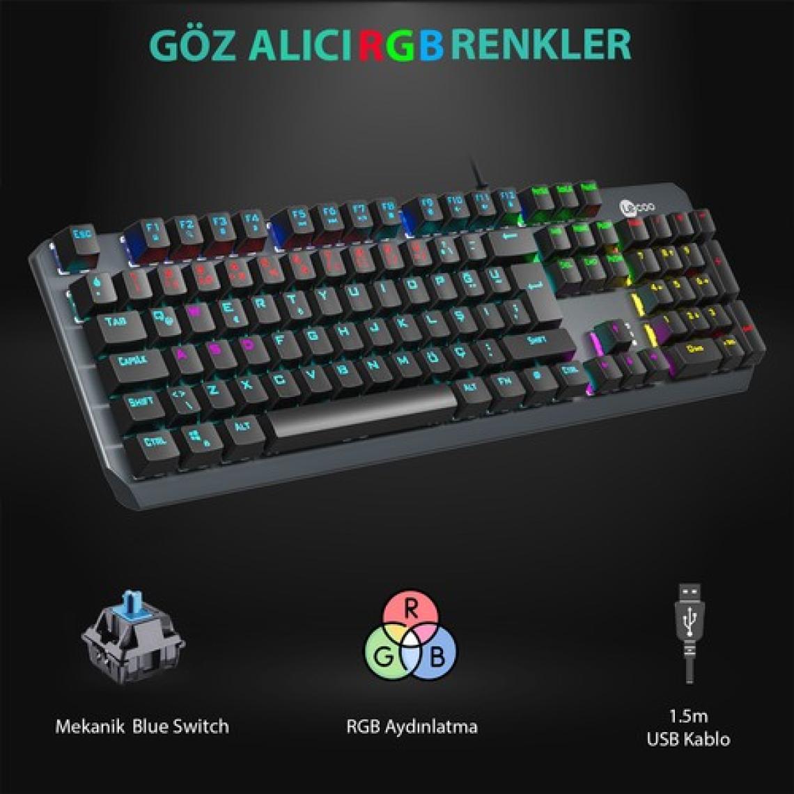 Lecoo GK301 USB Kablolu Makro Tuşlu Blue Switch RGB LED Aydınlatmalı Gaming Mekanik Türkçe Q Klavye Metalik Gri
