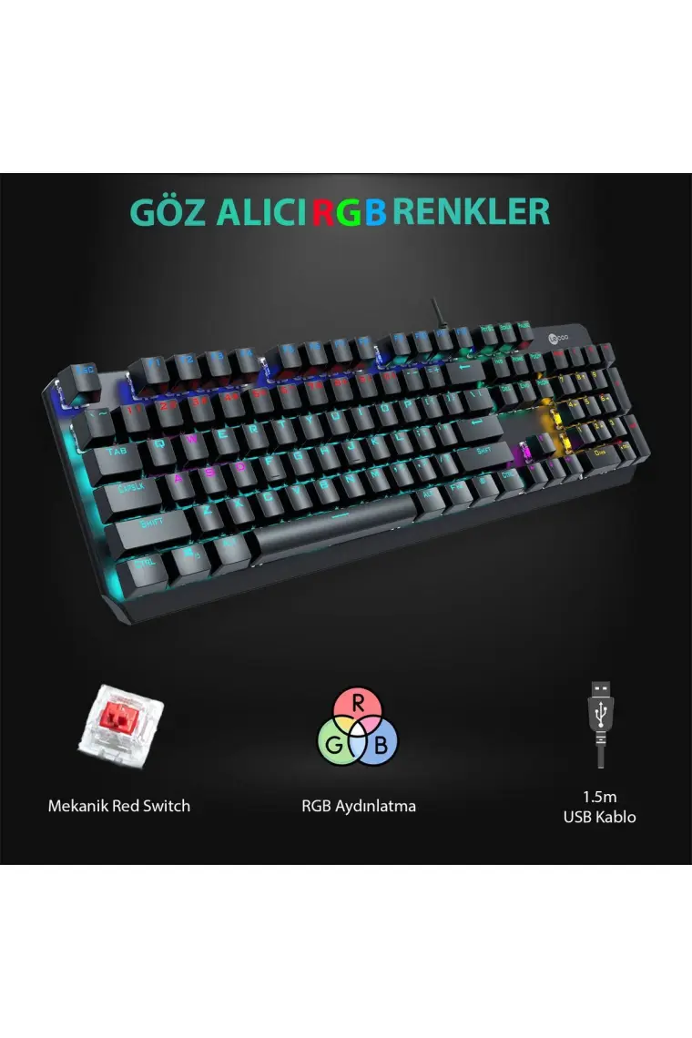 Lecoo GK301 USB Kablolu Red Switch Makro Tuş Atamalı RGB LED Aydınlatmalı Gaming Mekanik Türkçe Q Klavye Metalik Gri